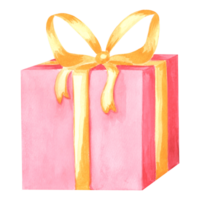 Watercolor gift box tied with ribbon and bow. Template of festive packaging. Hand drawn illustration for cards, wrappers, invitation, birthday and holiday decoration, printing stickers and packaging. png