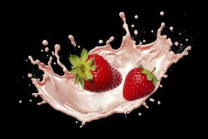 AI generated milk or yogurt splash with strawberries isolated on white background, 3d rendering. AI Generated photo