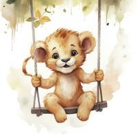 AI generated Cute happy baby lion on swings attached to the tree in watercolor style. AI Generated photo