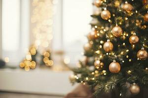 ai generado desenfocado Navidad árbol con muchos diferente decoraciones ai generado foto