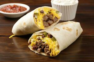 AI generated Breakfast burrito with sausage, eggs, hashbrown and cheese. AI Generated photo