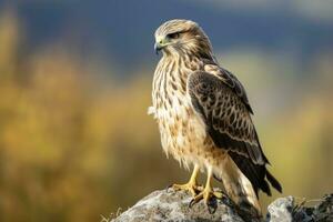 AI generated Hawk sitting on rock looking for prey. AI Generated photo