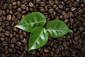 AI generated Green leaves with coffee beans as background. AI Generated photo