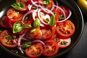 AI generated Healthy tomato salad with onion basil olive oil and balsamic vinegar. AI Generated photo