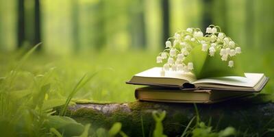 ai generado lirio de el Valle flores y antiguo libros en el bosque, verde natural antecedentes. ai generado foto