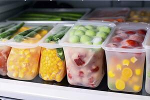 AI generated Frozen food in the freezer. Frozen vegetables. AI Generated photo