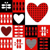 Swiss style seamless pattern with striped and dotted hearts. Checkered print for tee, paper, fabric, textile. Retro style vector illustration for decor and design.