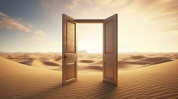 AI generated The opened door on the desert. Unknown and start up concept. AI Generated. photo