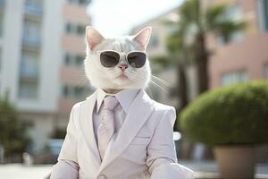 ai generado un gato es vistiendo Gafas de sol, traje y en pie en calle. ai generado foto