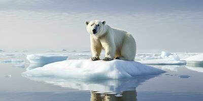 ai generado polar oso en hielo témpano de hielo. derritiendo iceberg y global calentamiento ai generado foto