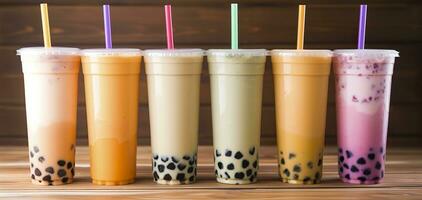 AI generated Plastic cups of different tasty bubble tea on wooden background. Generative AI photo