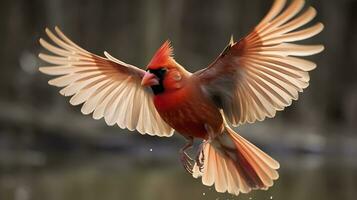 AI generated Northern Cardinal coming in for a landing. Generative AI photo