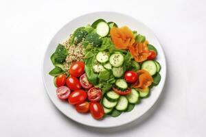 ai generado ensalada con quinua, espinaca, brócoli, Tomates, pepinos y zanahorias. ai generado foto