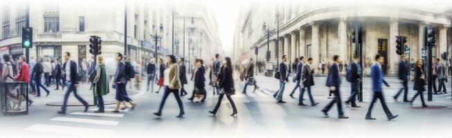 AI generated Walking people blur. Lots of people walk in the City of London. Wide panoramic view of people crossing the road. AI Generated photo