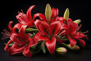 AI generated Red Lilies on black background. AI Generated photo