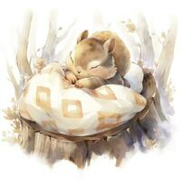 AI generated A sleepy baby squirrel in a bedding. watercolor illustration. AI Generated photo