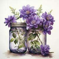 AI generated Collection of watercolor mason jars with purple flowers clipart. AI Generated photo