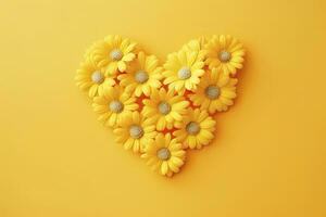 AI generated Yellow Heart Shaped By Yellow Daisies Over Yellow Background. AI Generated photo