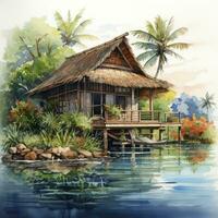 AI generated A watercolored bright serene image of a traditional bahay kubo. AI Generated photo