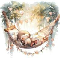 AI generated A sleepy baby monkey in a hammock. watercolor illustration. AI Generated photo