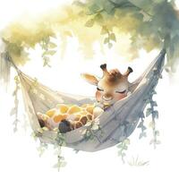 ai generado un soñoliento bebé jirafa en un hamaca. acuarela ilustración. ai generado foto