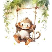 AI generated Cute happy baby monkey on swings on a tree in watercolor. AI Generated photo