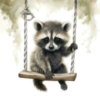 AI generated Cute baby raccoon in watercolour style, sitting on swings attached to the tree. AI Generated photo