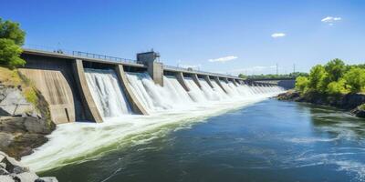 ai generado hidroeléctrico represa generando verde energía desde fluido agua. ai generado. foto