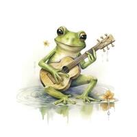 AI generated Watercolor green frog playing a tiny musical instrument on white background. AI Generated photo