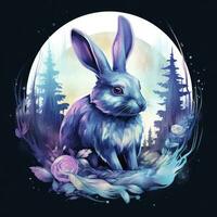 AI generated Watercolor Rabbit and Glowing Moon for T-shirt Design. AI Generated photo