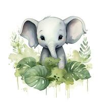 AI generated Happy cute baby elephant in green leaves in the watercolor style. AI Generated photo