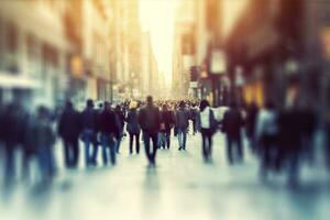 ai generado borroso negocio personas caminando en el ciudad bohordo. ai generado foto