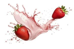 AI generated milk or yogurt splash with strawberries isolated on white background, 3d rendering. AI Generated photo