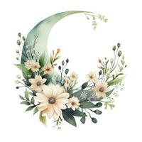 AI generated Watercolor floral Moon with greenery on a white background. AI Generated photo