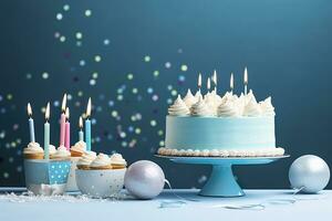 AI generated Birthday cake with candles and sweets on white table near blue wall. Generative AI photo