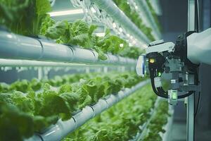 AI generated Automatic Agricultural Technology With Close-up View Of Robotic Arm Harvesting Lettuce In Vertical Hydroponic Plant. AI Generated photo