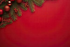 AI generated Christmas or New Year red background with fir decor. AI Generated photo