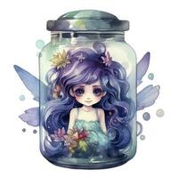 AI generated Watercolor Fantasy Pastel Goth Tiny Fairy in a Jar. AI Generated photo