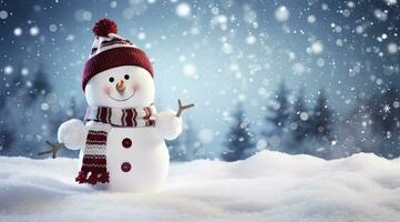 AI generated Happy snowman in the winter scenery. AI Generated photo