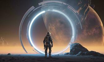 AI generated Astronaut in front of dimensional portal.  AI Generated. photo