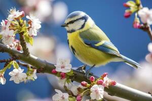 ai generado un bluetit pájaro descansando en el rama de un árbol. ai generado. foto