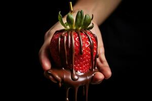 AI generated Woman hand holding a strawberry dipped in chocolate on a black background, A close-up of a hand-dipped chocolate covered strawberry, AI Generated photo