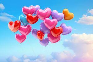 ai generado vistoso corazón globos volador en el azul cielo. 3d ilustración, un racimo de vívido amor corazón globos flotante en cielo, ai generado foto