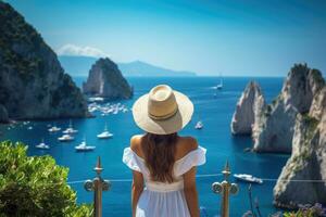 ai generado espalda ver de joven mujer en blanco vestir y Paja sombrero mirando a hermosa ver en capri isla, Italia, Días festivos en capri isla, espalda ver de un hermosa Moda niña disfrutando el ver foto