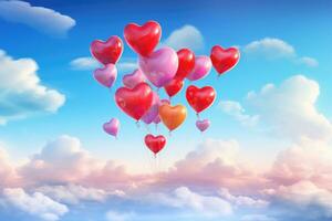 ai generado San Valentín día antecedentes con en forma de corazon globos en el cielo, un racimo de vívido amor corazón globos flotante en cielo, ai generado foto