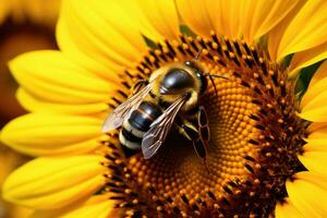 ai generado cerca arriba de un abeja en un girasol coleccionar néctar, un de cerca de un abejorro en un vibrante girasol, ai generado foto