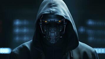 AI generated Binary Intrigue. Anonymous robotic hacker. Concept of hacking. AI Generated photo