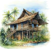 AI generated A watercolored bright serene image of a traditional bahay kubo. AI Generated photo