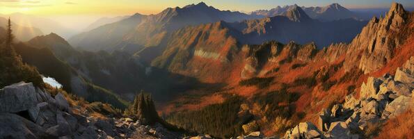 AI generated Panorama mountain autumn landscape. AI Generated photo