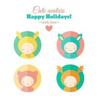 A set of round icons with children in animal costumes in flat vector